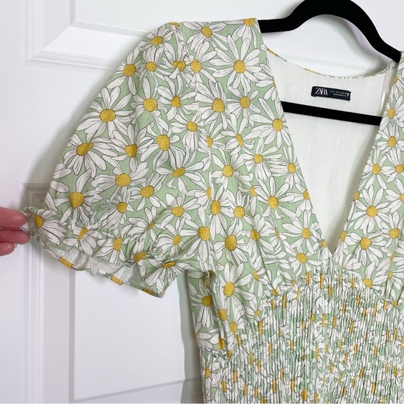 Zara Floral Daisy Print Linen Blend Smocked Mini Dress - Picture 8 of 14